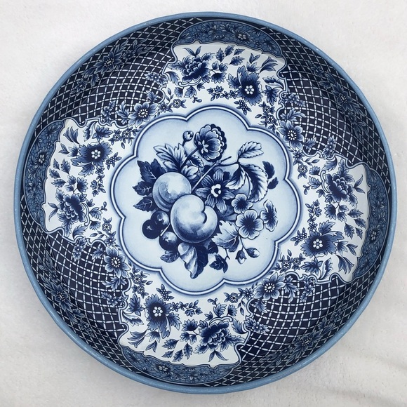 Daher Decorated Ware Round Metal Tray - Blue White Fruit Floral Made in England - Picture 12 of 12
